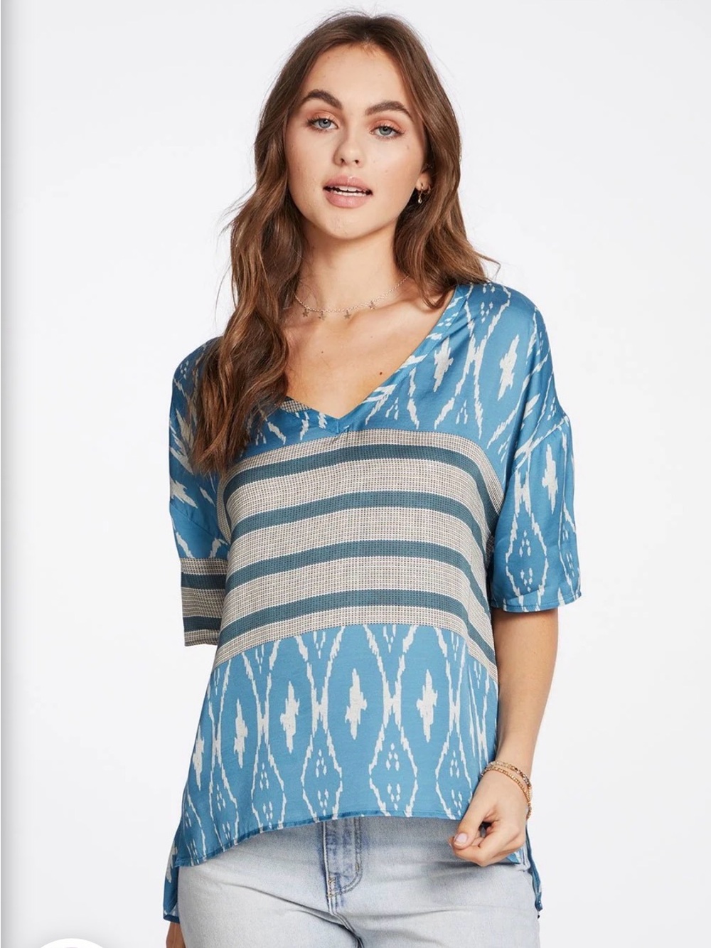 Chaser Silky Basics Short Sleeve V-Neck Boxy Hi-Lo Tee in Ikat